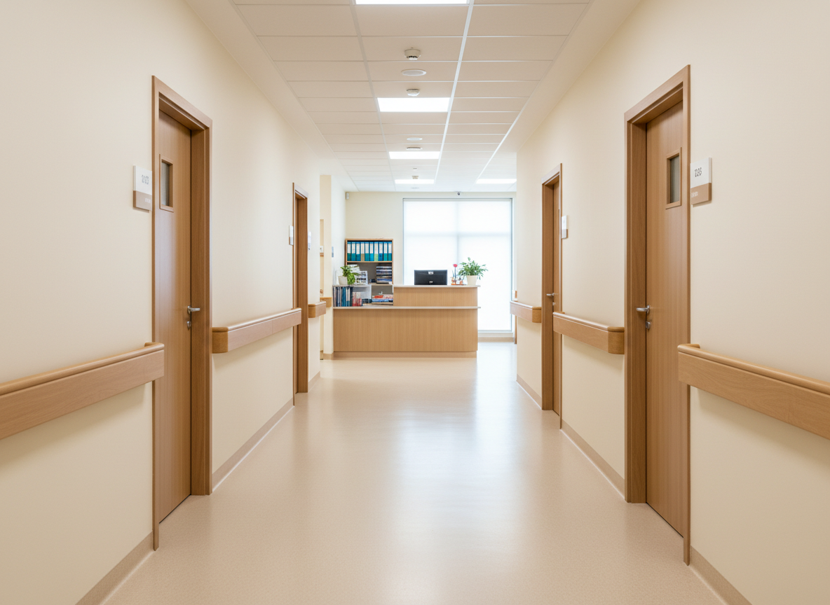 A bright, modern hospice corridor in photographic realism, completely empty of people yet warm and welcoming. The hallway features light cream walls, handrails in natural wood on both sides, and wide, polished floors designed for wheelchairs and medical equipment. Discreet doors with clear signage line the corridor, and a small, neatly arranged nurse station is visible in the background with organized medical files and a computer. Soft, diffused ceiling lighting combines with gentle daylight from a distant window, creating an even, comforting glow without harsh shadows. Captured from a slightly low, centered perspective that emphasizes depth and accessibility, the atmosphere feels safe, professional, and reassuring, reflecting 24/7 medical palliative care in a clean, contemporary environment.