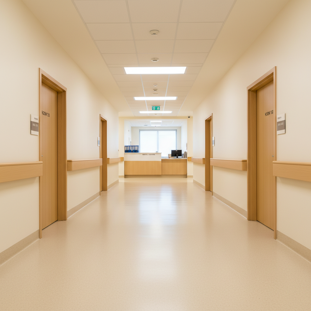 A bright, modern hospice corridor in photographic realism, completely empty of people yet warm and welcoming. The hallway features light cream walls, handrails in natural wood on both sides, and wide, polished floors designed for wheelchairs and medical equipment. Discreet doors with clear signage line the corridor, and a small, neatly arranged nurse station is visible in the background with organized medical files and a computer. Soft, diffused ceiling lighting combines with gentle daylight from a distant window, creating an even, comforting glow without harsh shadows. Captured from a slightly low, centered perspective that emphasizes depth and accessibility, the atmosphere feels safe, professional, and reassuring, reflecting 24/7 medical palliative care in a clean, contemporary environment.