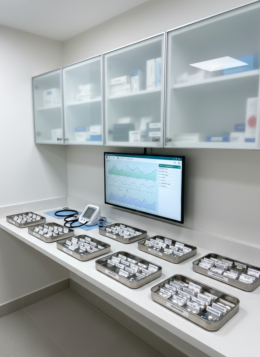 A modern hospice medication and monitoring station presented in photographic realism, entirely without people yet clearly active. A clean white counter holds organized trays of labeled medication blister packs, a digital blood pressure monitor, pulse oximeter, and a neatly coiled stethoscope. Behind, wall-mounted cabinets with frosted glass doors reveal the silhouettes of carefully arranged supplies. A large digital screen on the wall displays anonymized vital-sign graphs and schedules in soft blues and greens. Cool, even overhead lighting creates a hygienic, clinical clarity with minimal shadows. Shot from a slightly elevated, three-quarter perspective, the composition emphasizes order, precision, and 24/7 readiness, supporting the image of professional medical palliative care for patients with dementia, post-stroke conditions, and psychiatric disorders.