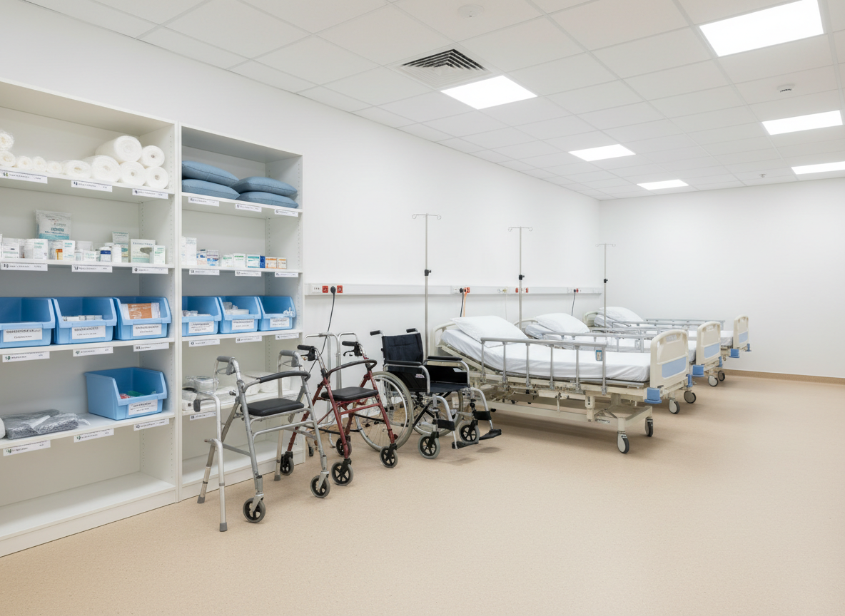 A dedicated medical palliative care equipment room presented in photographic realism, devoid of human presence yet clearly ready for use. Several modern hospital beds with raised side rails, adjustable wheelchairs, walkers, and mobile IV stands are neatly arranged against spotless white walls. Shelving units hold carefully labeled supplies such as bandages, medications in secured containers, and soft support pillows. The floor is a light, non-slip surface with a subtle sheen, reflecting overhead LED panel lights that provide uniform, shadow-free illumination. Captured from an eye-level, three-quarter angle, the composition uses rule of thirds to balance equipment and open space, conveying meticulous organization, clinical reliability, and preparedness for patients with limited mobility or complex needs.