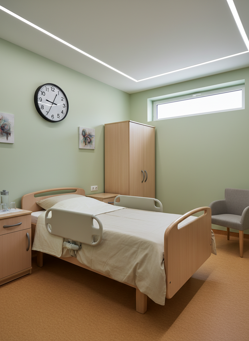 A quiet, specialized hospice room for patients with dementia or psychiatric disorders, carefully designed for safety and comfort, shown without any people. The walls are painted in soft, calming pastel green, with minimal, non-stimulating artwork and a large, clearly visible clock. The bed has rounded corners and secure side rails, dressed in neutral, non-patterned linens. A sturdy, simple wardrobe and bedside cabinet have large, easy-to-grip handles, and the floor is a warm-toned, non-slip material. Soft, indirect ceiling lighting combines with gentle daylight from a high, secure window, avoiding harsh contrast. Photographic realism at eye level, with balanced composition and full-room focus, conveys a peaceful, controlled environment tailored to vulnerable adults’ needs in a professional hospice setting.