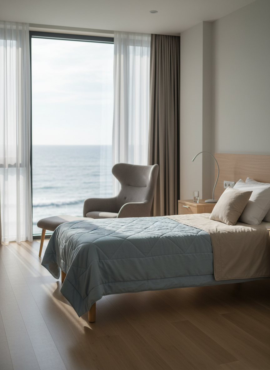 A calm, sunlit patient room in a modern palliative care hospice near the sea, shown without any people. A neatly made single bed with soft beige linens and a pale blue comforter sits by a large window, overlooking a distant, gently blurred Black Sea horizon. A small wooden bedside table holds a reading lamp and a glass of water, while a comfortable armchair rests nearby. Soft afternoon light filters through sheer white curtains, creating gentle highlights on the polished floor and subtle shadows under the furniture. Photographic realism at eye level, with a clean, professional aesthetic, serene atmosphere, and shallow depth of field that keeps the room in focus while the outside view remains softly out of focus.