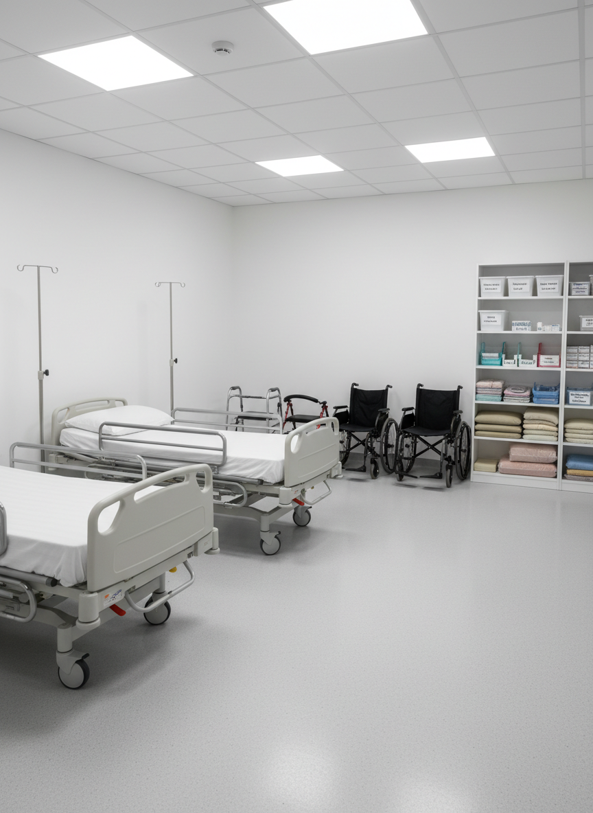 A dedicated medical palliative care equipment room presented in photographic realism, devoid of human presence yet clearly ready for use. Several modern hospital beds with raised side rails, adjustable wheelchairs, walkers, and mobile IV stands are neatly arranged against spotless white walls. Shelving units hold carefully labeled supplies such as bandages, medications in secured containers, and soft support pillows. The floor is a light, non-slip surface with a subtle sheen, reflecting overhead LED panel lights that provide uniform, shadow-free illumination. Captured from an eye-level, three-quarter angle, the composition uses rule of thirds to balance equipment and open space, conveying meticulous organization, clinical reliability, and preparedness for patients with limited mobility or complex needs.