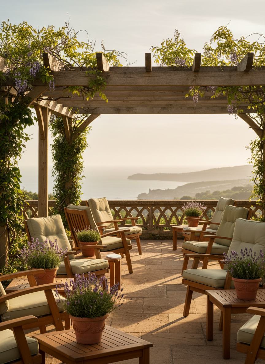 A tranquil hospice garden terrace overlooking a softly blurred coastal landscape, designed as a peaceful retreat for patients, shown without people. Comfortable outdoor recliner chairs with padded cushions in muted earth tones are arranged around low wooden tables, with potted lavender and rosemary adding natural color and texture. A wooden pergola supports climbing greenery, casting delicate patterned shadows on the stone tiles below. Late afternoon golden-hour sunlight bathes the space in warm, gentle tones, creating a serene atmosphere. Photographic realism from a slightly elevated angle, with sharp focus on the seating area and a gradual softening toward the sea view in the distance, evokes calm, dignity, and quiet reflection in a professional, well-maintained care setting.
