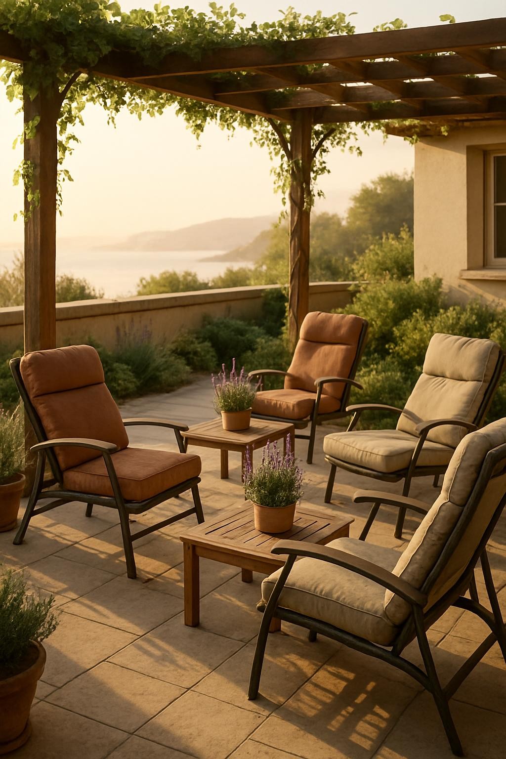 A tranquil hospice garden terrace overlooking a softly blurred coastal landscape, designed as a peaceful retreat for patients, shown without people. Comfortable outdoor recliner chairs with padded cushions in muted earth tones are arranged around low wooden tables, with potted lavender and rosemary adding natural color and texture. A wooden pergola supports climbing greenery, casting delicate patterned shadows on the stone tiles below. Late afternoon golden-hour sunlight bathes the space in warm, gentle tones, creating a serene atmosphere. Photographic realism from a slightly elevated angle, with sharp focus on the seating area and a gradual softening toward the sea view in the distance, evokes calm, dignity, and quiet reflection in a professional, well-maintained care setting.
