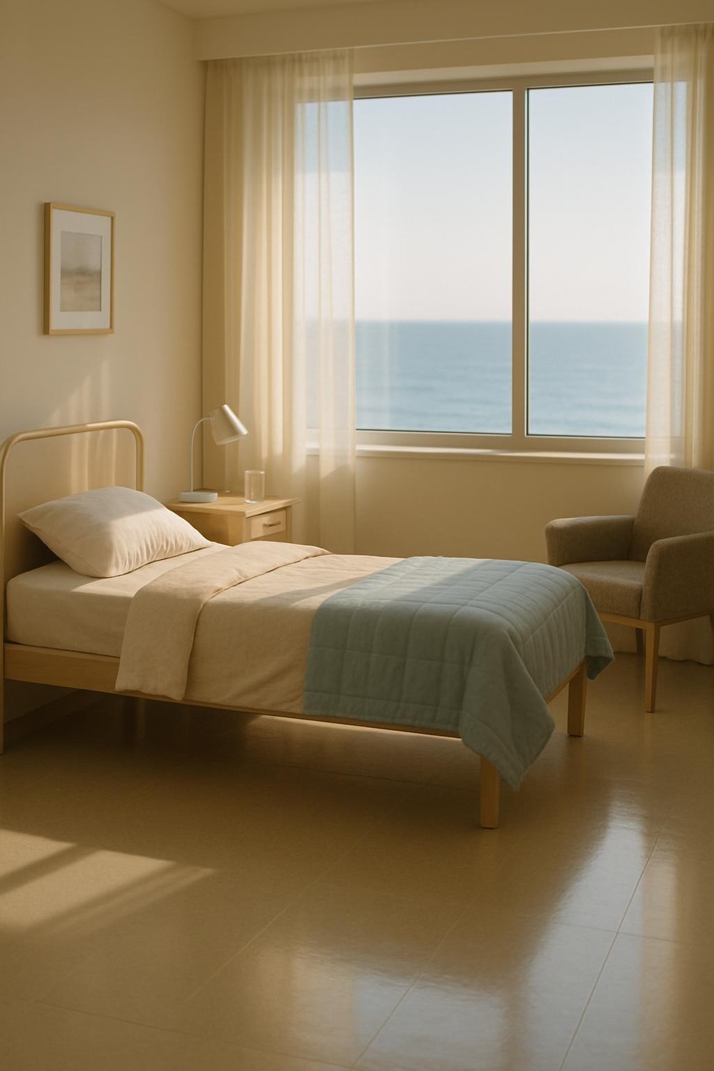 A calm, sunlit patient room in a modern palliative care hospice near the sea, shown without any people. A neatly made single bed with soft beige linens and a pale blue comforter sits by a large window, overlooking a distant, gently blurred Black Sea horizon. A small wooden bedside table holds a reading lamp and a glass of water, while a comfortable armchair rests nearby. Soft afternoon light filters through sheer white curtains, creating gentle highlights on the polished floor and subtle shadows under the furniture. Photographic realism at eye level, with a clean, professional aesthetic, serene atmosphere, and shallow depth of field that keeps the room in focus while the outside view remains softly out of focus.